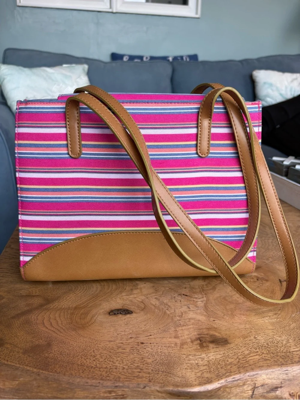 Kate Spade Striped Pink Canvas Tote with Tan Trim and Bow